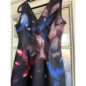 WHBM White House Black Market Dress 6 Black Blue Red Feather Print